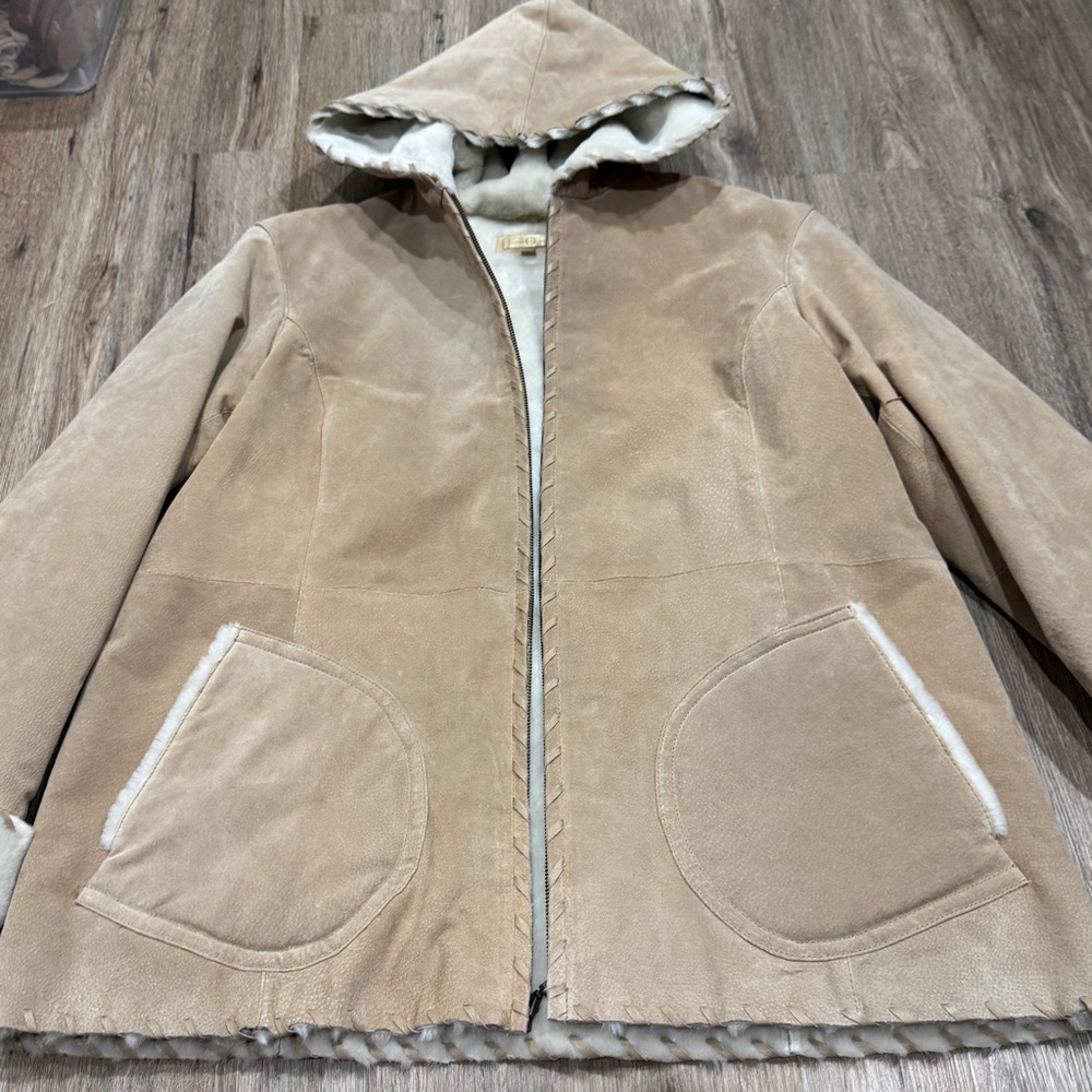 Wilsons Leather Tan Suede Coat Ivory Faux Fur Lined Hooded Jacket Womens 1X - Picture 4 of 15